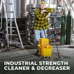 Worker in a commercial facility leaning on a mop and yellow mop bucket with text promoting industrial strength cleaner