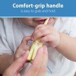 Close-up of infant holding a giraffe toothbrush being guided by adult hands with comfort-grip text