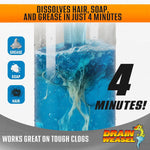 Close-up infographic of blue gel dissolving hair and debris inside a clear pipe with text '4 minutes'