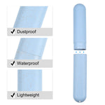 Infographic showing dustproof, waterproof, lightweight callouts and exploded view of blue travel toothbrush case