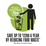 Illustration of a person tossing food into a bin with text claiming food stays fresh up to 5x longer and savings from reduced waste