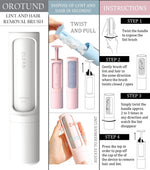 infographic showing a portable lint and hair removal brush with twist-and-pull disposal and step-by-step usage instructions, featuring white and pink devices