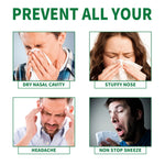 infographic showing four people with issues labeled dry nasal cavity, stuffy nose, headache, and non stop sneeze under the heading “prevent all your”.