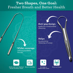 Infographic split image showing two stainless steel tongue scraper shapes with feature callouts and icons on teal and navy background.