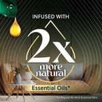 Infographic proclaiming infused with 2x more natural essential oils over a sofa scene with decorative droplet graphic