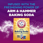 Promotional graphic stating 'Infused with the freshening power of Arm & Hammer Baking Soda' with a baking soda box image.
