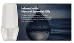 Close-up lifestyle graphic of a plug-in refill next to a water droplet with copy about being infused with natural essential oils.