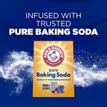 Graphic stating “INFUSED WITH TRUSTED PURE BAKING SODA” above an image of an ARM & HAMMER pure baking soda box on a blue background