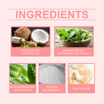 Ingredients layout with photos and labels showing coconut oil, peppermint leaf, aloe leaf extract, sodium bicarbonate, and niacinamide.