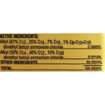 Close-up of a product ingredient panel listing alkyl dimethyl benzyl ammonium chloride and percentages on a gold background.