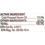 Close crop of product label ingredient panel showing active ingredient cold pressed neem oil 70% and other ingredients 30%