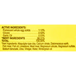 Yellow ingredient panel listing active ingredients like putrescent whole egg solids, cloves and garlic oil