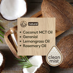 Ingredient graphic listing ‘Coconut MCT Oil, Geraniol, Lemongrass Oil, Rosemary Oil’ over coconuts.