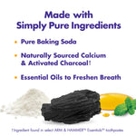 Ingredient infographic listing pure baking soda, calcium & activated charcoal, with charcoal and oil visuals at bottom