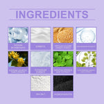 Ingredients grid on a lavender background with labeled tiles including sodium bicarbonate, sorbitol, sea salt and hydroxyapatite