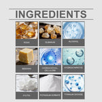 Grid of nine ingredient tiles under heading 'INGREDIENTS' showing images and labels like rosin, xylitol and titanium dioxide