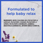 Ingredient panel style graphic listing ingredients including lavender oil and chamomile flower oil with lavender sprigs