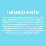 Ingredients panel styled graphic listing detergent ingredients on a light blue background with white heading “INGREDIENTS”