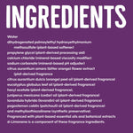 Ingredients panel graphic listing water, plant-based softener and various plant-derived fragrance oils
