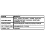 Black-and-white ingredient table listing water, glycerin, chamomilla extract, aloe, cocamidopropyl and preservatives