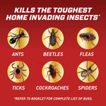 Red infographic showing insects the product kills with labeled icons for ants, beetles, fleas, ticks, cockroaches, spiders