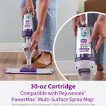 Hands inserting a Rejuvenate PowerMax 30-oz cartridge into a spray mop with an inset close-up of the cartridge