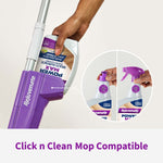 Hand inserting a Rejuvenate PowerMax bottle into a Click n Clean mop base with inset close-up of cap removal