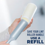 Hand inserting a refill onto a lint roller handle with message to save the handle by using a refill