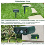 Installation diagram showing repeller inserted in ground on a removable pole and wall-mounted option