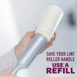 Hands installing a refill onto a lint roller handle with text advising to use a refill to save the handle