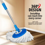 InstaMop microfiber mop head and handle in a corner, advertising 360-degree swivel design