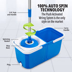 Close-up infographic of blue InstaMop bucket showing push-activated auto spin technology