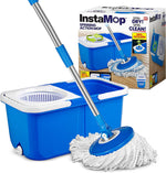 Blue InstaMop spin mop and dual-bucket wringer with microfiber mop head and packaging