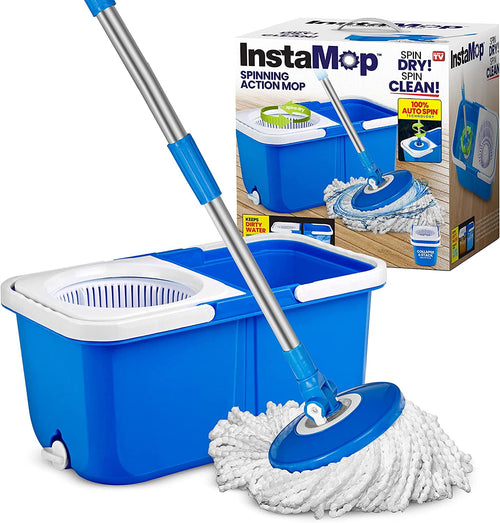 Blue InstaMop spin mop and dual-bucket wringer with microfiber mop head and packaging