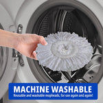 Hand holding a circular microfiber mop head in front of a washing machine drum, machine washable callout