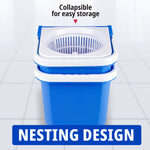Stacked blue InstaMop bucket sections with top wringer and text promoting nesting design