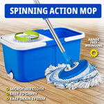 Graphic of a blue InstaMop double bucket and spinning mop head with action callouts