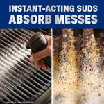Split image of grill being sprayed and foamy close-up with headline 'Instant-Acting Suds Absorb Messes'