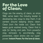 Green panel with white text "For the Love of Clean" and descriptive brand copy about keeping drains clean
