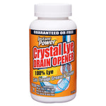 White plastic bottle of Instant Power Crystal Lye Drain Opener with orange label and bold red product name.