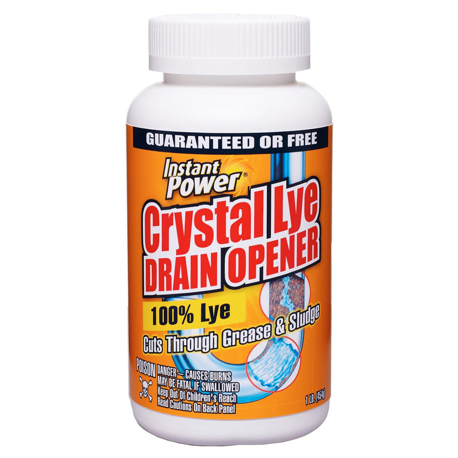 White plastic bottle of Instant Power Crystal Lye Drain Opener with orange label and bold red product name.