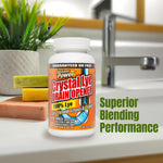 Bottle of Instant Power Crystal Lye Drain Opener staged on a bathroom counter with soaps and green 'Superior Blending Performance' text.