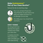 Instructional graphic titled "Make Draintenance Part of Your Clean Routine" with usage steps and how-it-works text