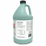 Side-back angle of a teal one-gallon Instant Power ECO bottle showing sustainability facts, barcode, and warning text.