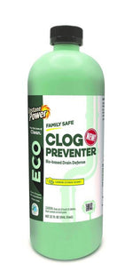 Tall green Instant Power ECO bottle showing label text "Clog Preventer" and black cap on white background