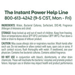 Product label close-up listing ingredients, storage and caution text for Instant Power ECO clog preventer