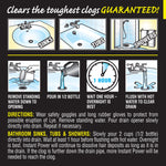 Instructional infographic panels showing steps and icons for using the drain opener in sinks tubs and showers