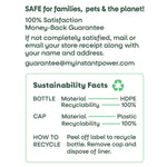 Sustainability facts panel showing recycling information and money-back guarantee contact for Instant Power