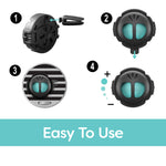 Illustrated four-step diagram showing how to attach and adjust the Refresh Your Car mini vent diffuser