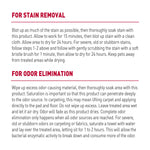 Close-up product instruction panel describing stain removal and odor elimination procedures in text